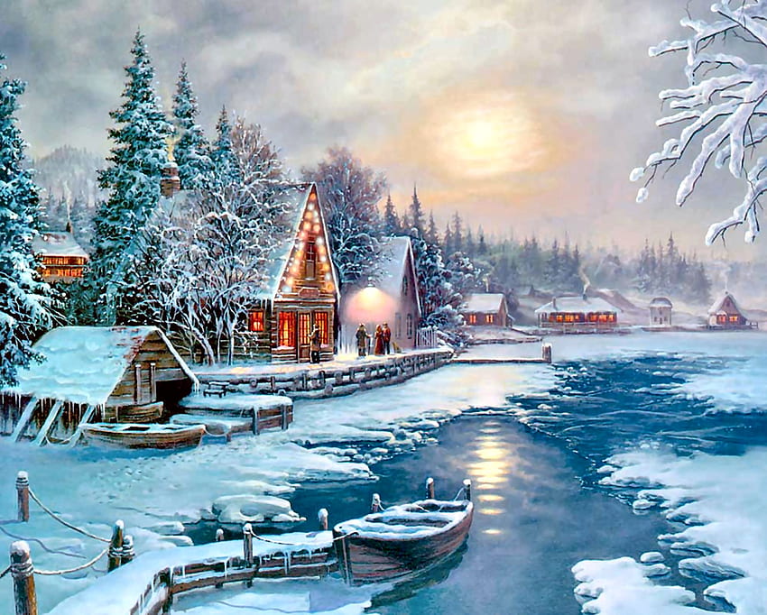 Moonlit Lake F1C, zima, sztuka, kraj, piękny, cztery pory roku, ilustracja, jezioro, dzieło sztuki, sceneria, szeroki ekran, światło księżyca, , śnieg, woda Tapeta HD