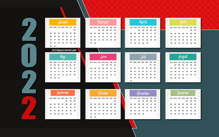 Календар за 2022 г., червен сив фон, календар за всички месеци за 2022 г., червена синя абстракция, концепции за 2022 г., календар за Нова година за 2022 г. HD тапет