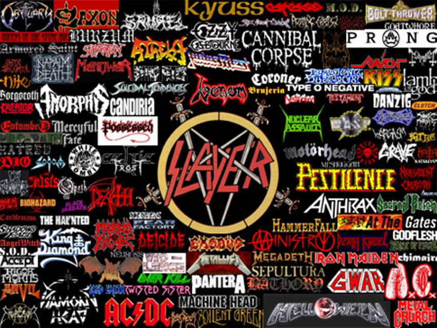 Logotipos de bandas de metal dos anos 80 e fundo, bandas de heavy metal papel de parede HD