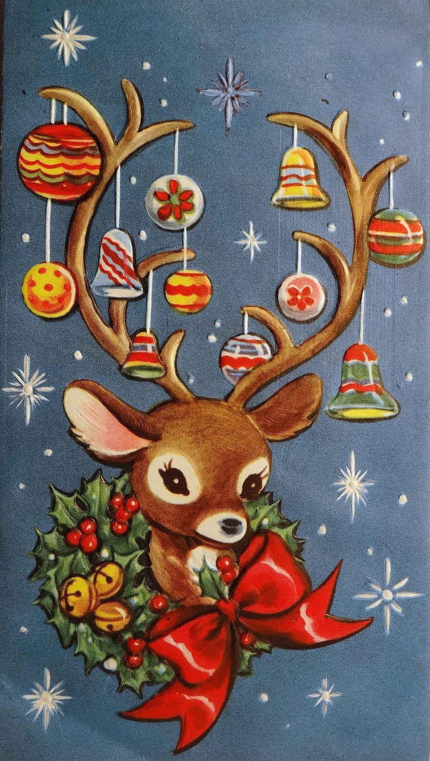 50s Mid Century Modern Reindeer w Ornaments Stars Vintage Christmas Card 600. Cartes de Noël vintage, Noël vintage, Impressions de Noël Fond d'écran de téléphone HD
