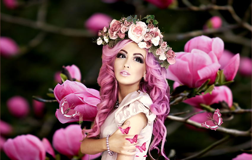Flowers In Her Hair, black, boho flower crown, floral, crown, butterflies, vivid, petals, daring, bold, white, roses, boho, gorgeous, girl, beautiful, pink, pretty, bright colors, floral crown, flowers, lovely HD wallpaper