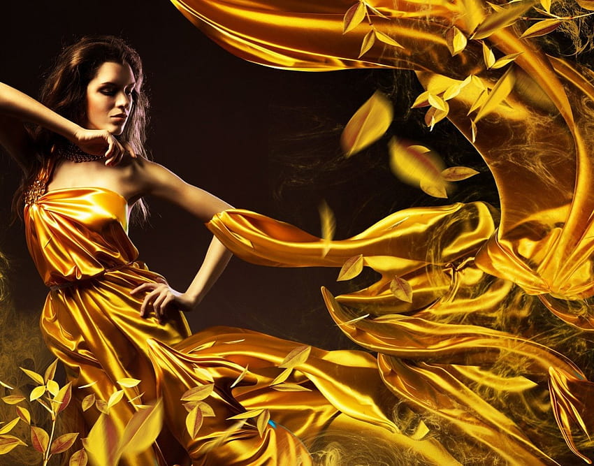 Ballando in abito dorato, dorato, foglie, danza, viso, miracolo, ragazza, vestito Sfondo HD