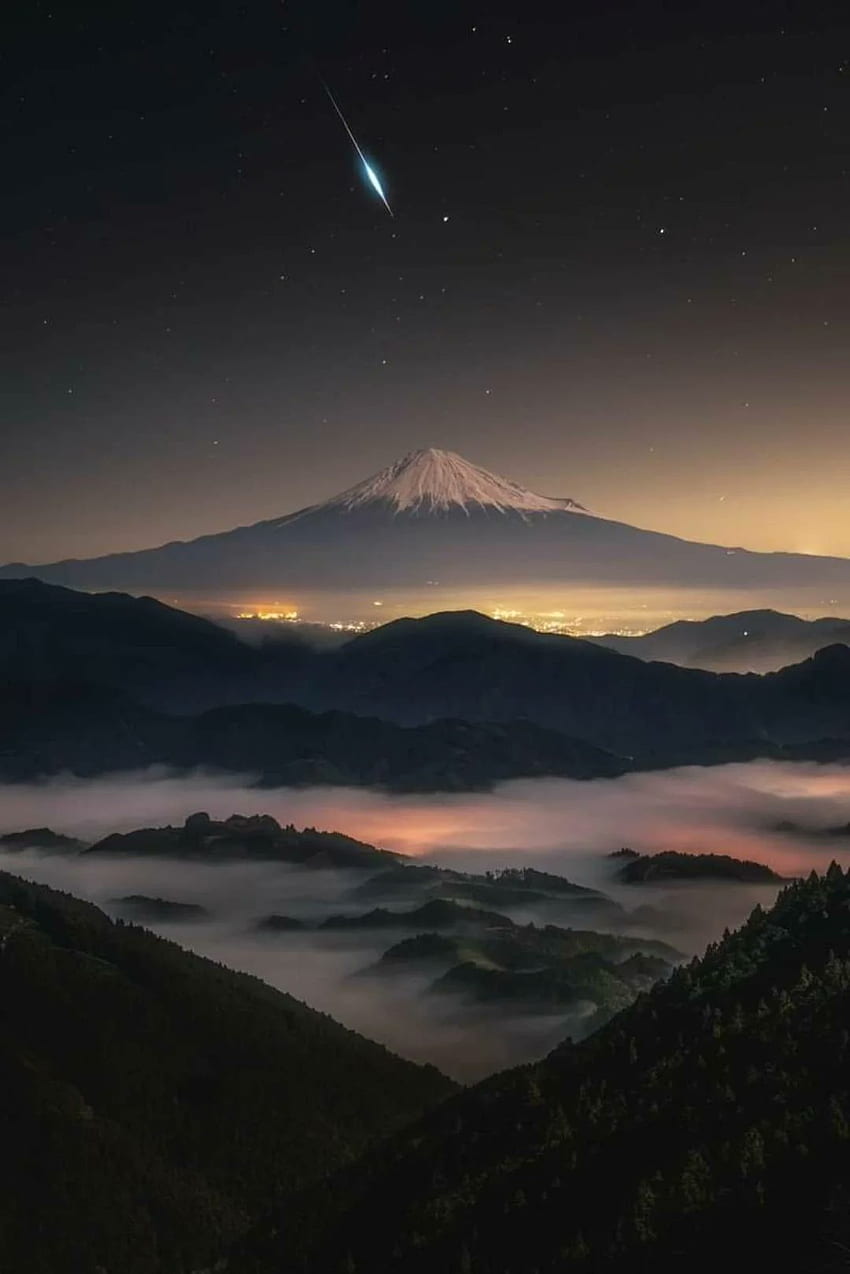 富士山, 空, 横向き, 山, 暗い, 日本, 星, 夜, 流星, 富士山 HD電話の壁紙