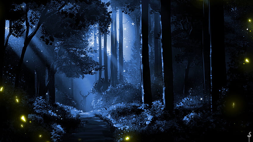 Dark Forest, Deer, Trees, Artwork, Light for iMac 27 inch, 2560 X 1440 Dark Forest HD wallpaper