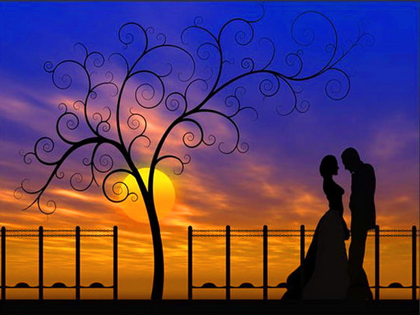 Silhouettes of love, blue sky, silhouettes, bridge, lovers, man and woman, sunset, tree HD wallpaper
