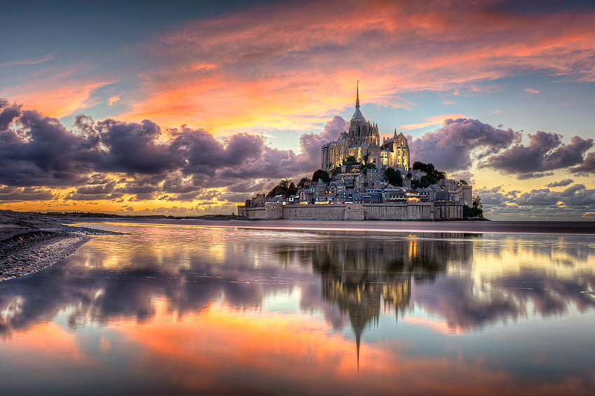 View Of Majestic Castles Mont Saint-Michel At sunset From Normandy beach HD wallpaper