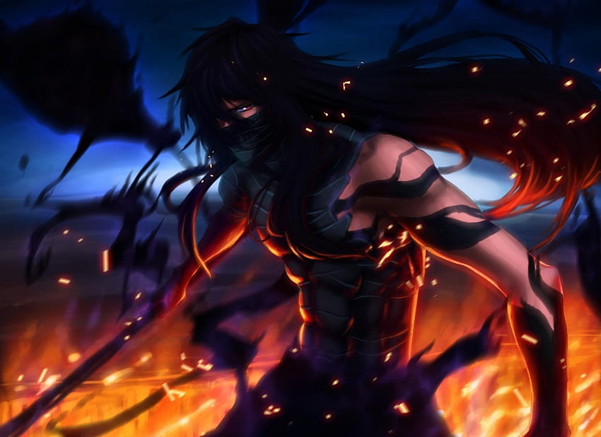 Mugetsu Ichigo, Ichigo, blaue Augen, Flammen, schwarze Haare, lange Haare, Ichigo Kurosaki, Bleichmittel, Mugetsu, Anime, Kurosaki Ichigo, Feuer, männlich HD-Hintergrundbild
