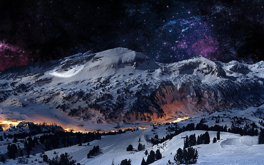 Snow Mountains Night HD wallpaper