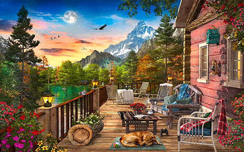 Wooden Terrace Sunset, bench, dog, eagle, cabin, chairs, artwork, digital, trees, flowers, mountains, sunset HD wallpaper