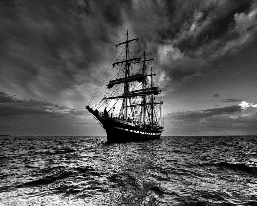 navire, mer, voile, tempête, noir blanc, vieux voiliers Fond d'écran HD