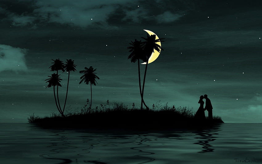 Sea, Moon, Palms, Vector, Couple, Pair, Island HD wallpaper