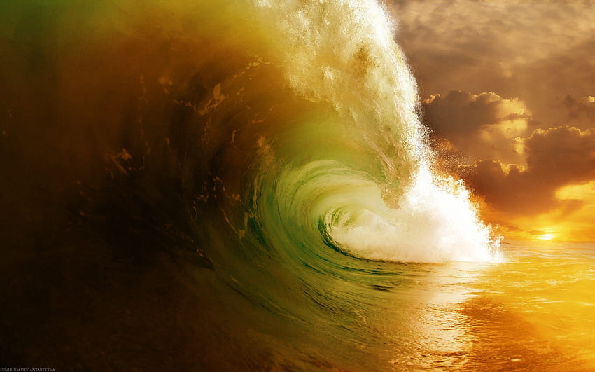 Golden Water, golden, gold, orange, green, yellow, sky, water, sun, wave, cloud HD wallpaper