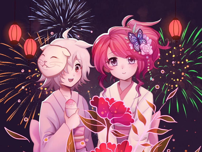 Girls, Flowers, Fireworks, Anime, Art - Anime Couple Fireworks - & Background HD wallpaper