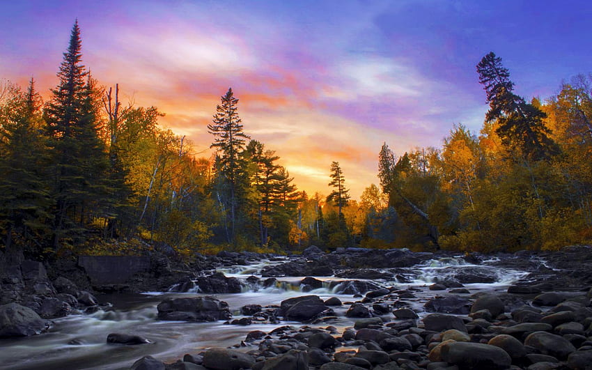 Jesienna rzeka w Tettegouche State Park, Minnesota, chmury, kolory, kaskady, USA, niebo, skały, zachód słońca, kamienie Tapeta HD
