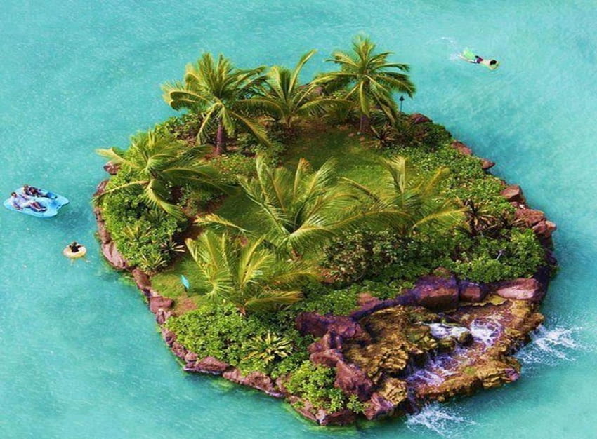 Paradise Island, water mattress, isolation, people, vegetation, beautiful island, rest, waterfall, float people, palm trees, ocean HD wallpaper