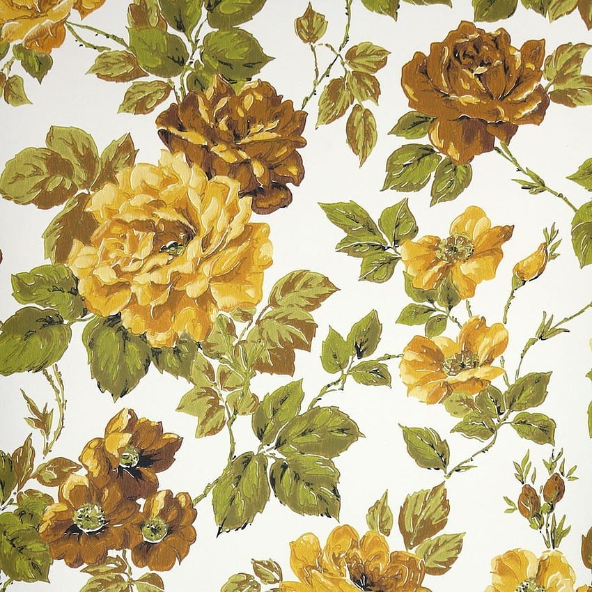 Flores vintage retrô florais amarelas e marrons dos anos 1970 em branco Papel de parede de celular HD