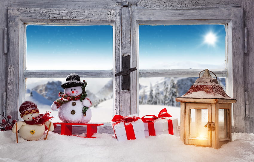 winter, snow, decoration, New Year, window, Christmas, gifts, snowman, Christmas, winter, snow, window, Merry Christmas, Xmas, snowman, decoration for , section новый год, Snow Window HD wallpaper
