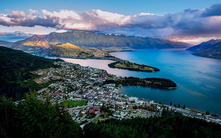 Queenstown, Nueva Zelanda, ciudad, lago, Nueva Zelanda, landscapr, nubes, Queenstown, cielo, montañas, puesta de sol, océano fondo de pantalla