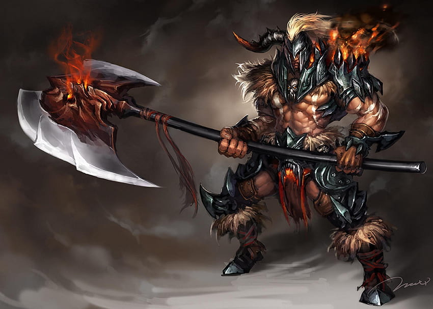 Axe Raider, armour, flames, ax, armor, axe, lone, fantasy, weapon, fire, male, warrior, warriors HD wallpaper