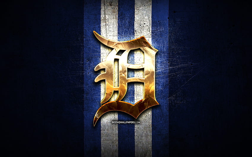 Emblemat Detroit Tigers, MLB, złoty emblemat, niebieskie metalowe tło, amerykańska drużyna baseballowa, Major League Baseball, baseball, Detroit Tigers Tapeta HD