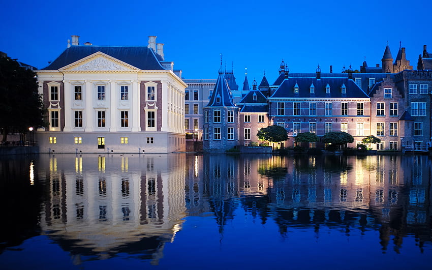 Blue Hour a L'Aia, Paesi Bassi, blu, riflessione, Aia, case, Paesi Bassi, acqua Sfondo HD