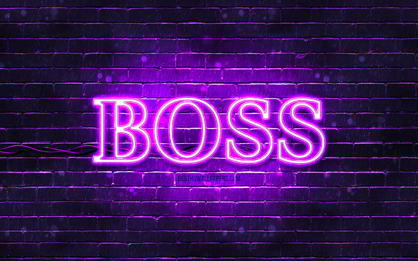Hugo Boss violet logo, , violeta brickwall, Hugo Boss logo, marcas de moda, Hugo Boss neon logo, Hugo Boss papel de parede HD