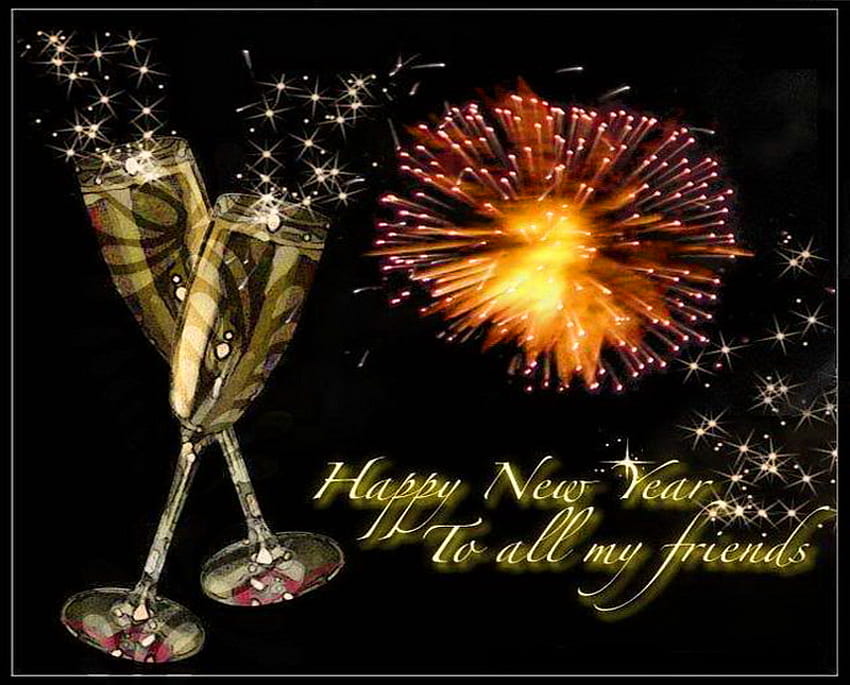 Frohes neues Jahr, Gruß, Feuerwerk, Champagner, Blasen, Neujahr, Feier HD-Hintergrundbild