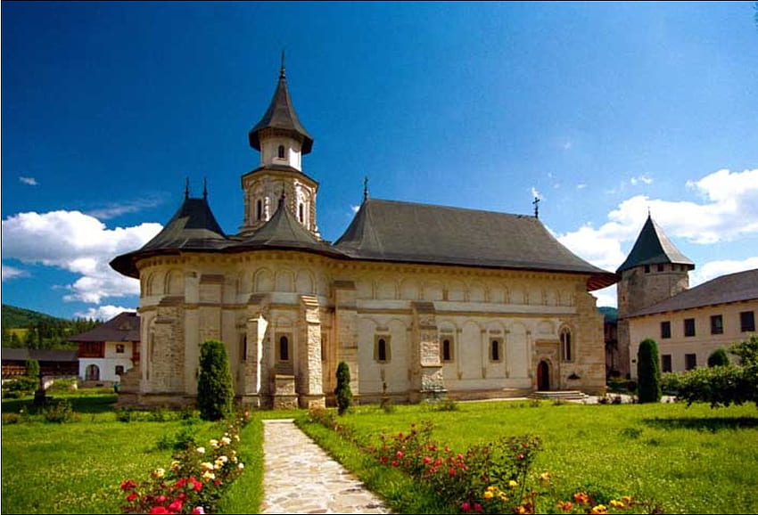 Romanian Monastery, pray, place, garden, peaceful, beautiful, church, putna, soul, romania, monastery, sky HD wallpaper