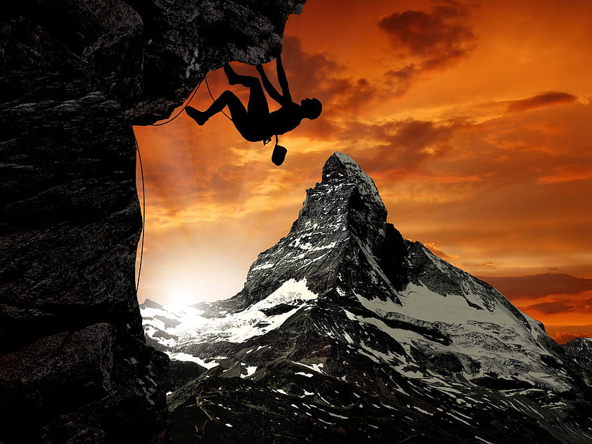 Hombre escalando montaña panorámica, Mountain Man Art fondo de pantalla
