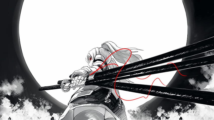Anime Girls Armor Black And White Clouds Fkey Glowing Eyes Grayscale Katana Long Hair Looking Back Low Angle Shot Moon Original Characters Red Eyes ., Anime Glowing Eyes HD wallpaper