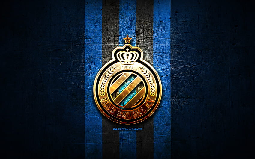 Club Brugge FC, golden logo, Jupiler Pro League, blue metal background, football, belgian football club, Club Brugge KV logo, soccer, Club Brugge KV HD wallpaper