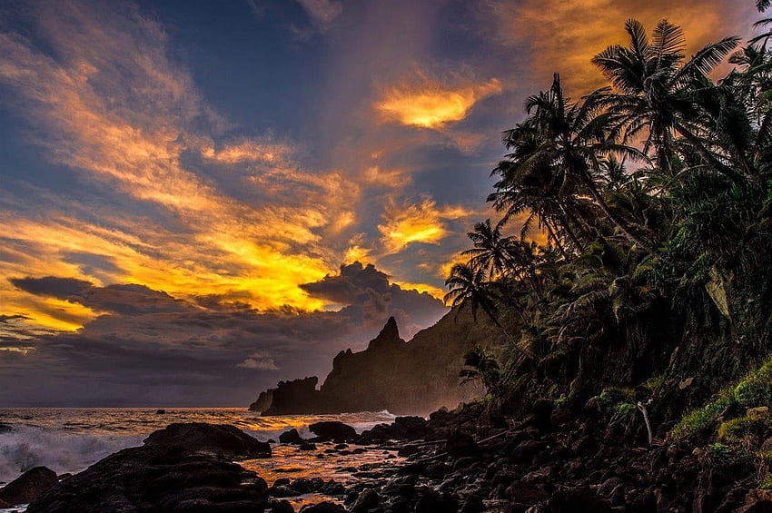 Wyspa Pitcairn o zachodzie słońca, linia brzegowa, chmury, drzewa, niebo, słońce, skały Tapeta HD