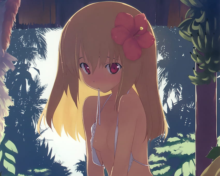 Anime Girl in Swimsuit, baju renang, pirang, anime, imut, mata merah, cewek Wallpaper HD