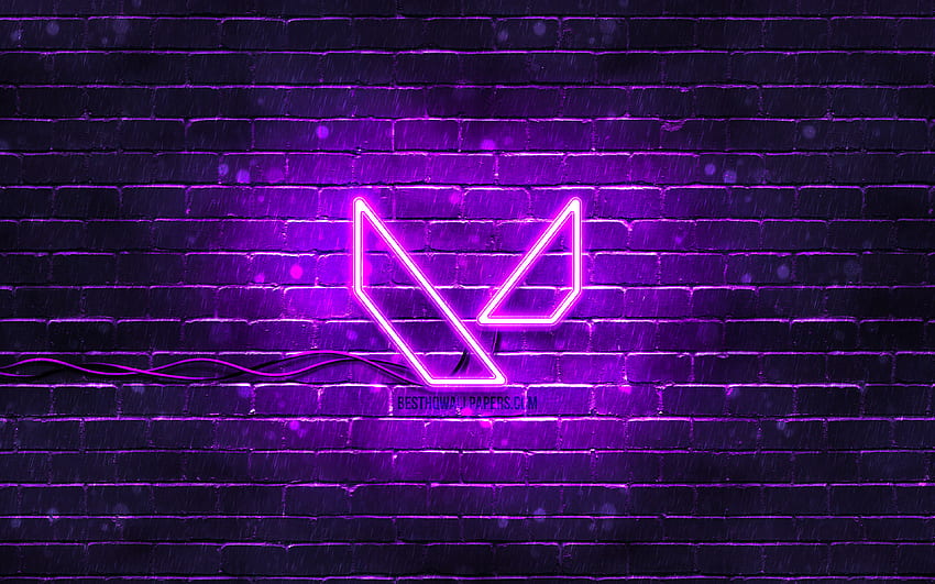 Valorant violettes Logo, , violette Ziegelwand, Valorant-Logo, Spielemarken, Valorant-Neon-Logo, Valorant HD-Hintergrundbild