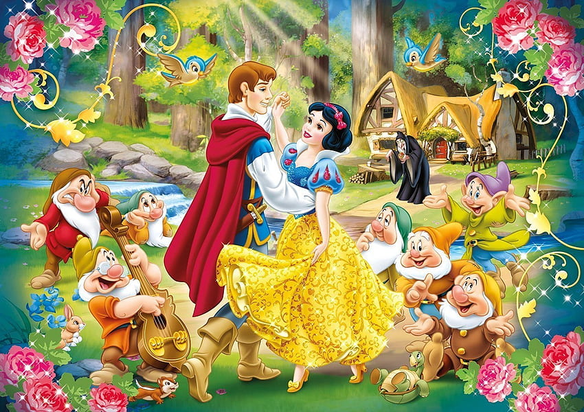 Snow White, dwarf, fantasy, prince, couple, disney, girl, gnome, yellow HD wallpaper