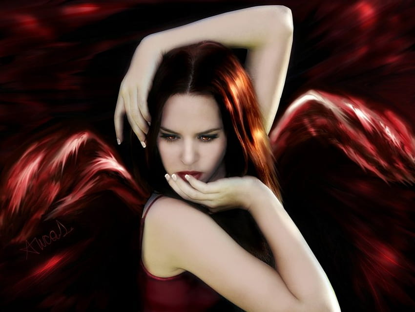 Red Angel, fantasy, red, angel, woman, dark, female HD wallpaper