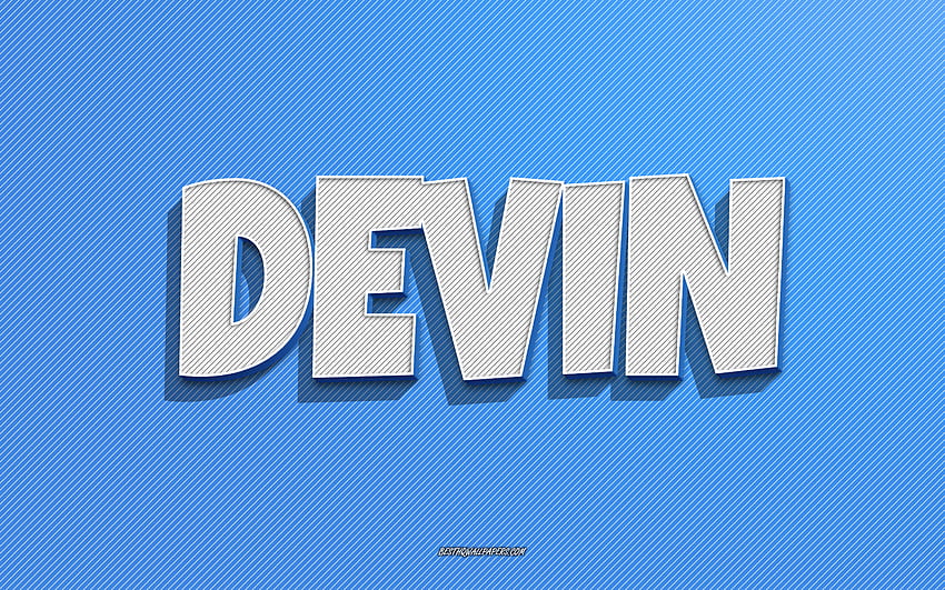 デビン、青い線の背景、名前、デビン名、男性名、デビン グリーティング カード、ライン アート、デビン名 高画質の壁紙