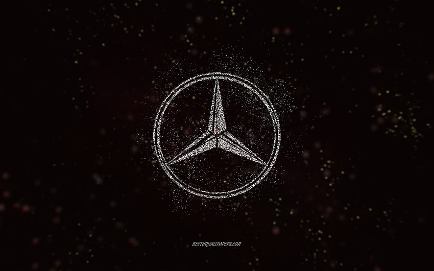 Mercedes-Benz glitter logo, , black background, Mercedes-Benz logo, white glitter art, Mercedes-Benz, creative art, Mercedes-Benz white glitter logo, Mercedes logo HD wallpaper