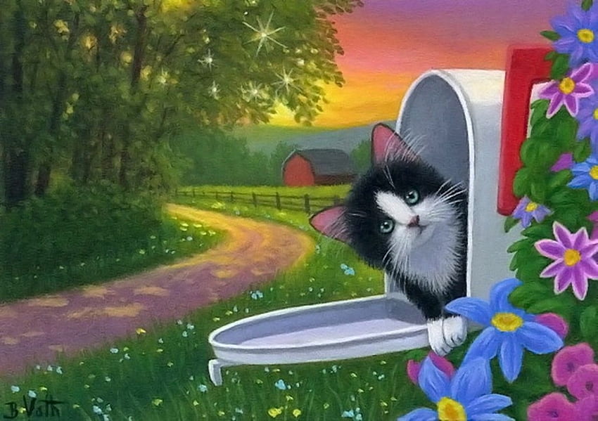 :), kitten, bridget voth, painting, art, pictura, postal box, cat HD wallpaper