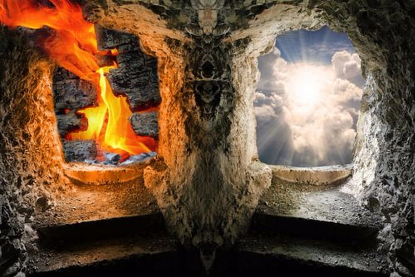 Gates Of Heaven or Gates Of Hell, Abstract, Flames, ominous, Hell, Fire, Heaven, Sun, Gates, Clouds, Sky HD wallpaper