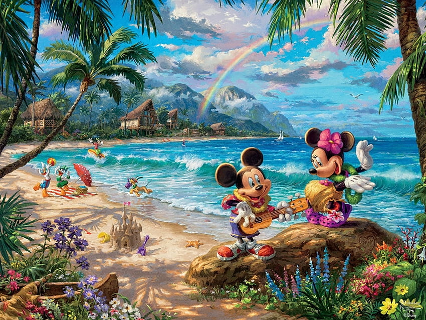 Mickey and Minnie in Hawaii, mar, arte, dança, Havaí, Disney, praia, minnie mouse, verão, mickey mouse, thomas kinkade, pintura, fantasia, pictura, água, vara papel de parede HD