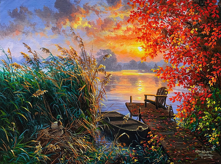 Repos au bord du lac, réflexion, art, peinture, jetée, automne, lac, coucher de soleil, automne, beau, repos Fond d'écran HD
