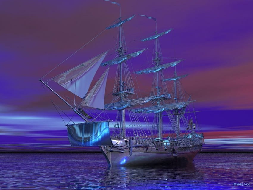 La nave d'argento, mare, viola, barca, nave, astratto, argento Sfondo HD