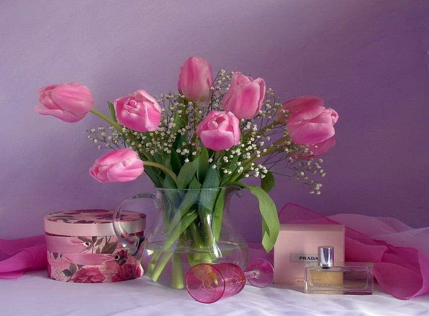 P I N K, pink, box, vase, glass, flowers, tulips HD wallpaper