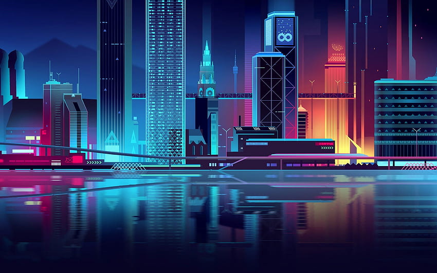 Stadt, Wolkenkratzer, minimalistisches Design, futuristisch, Neon, Reflexion für MacBook Pro 15 Zoll HD-Hintergrundbild