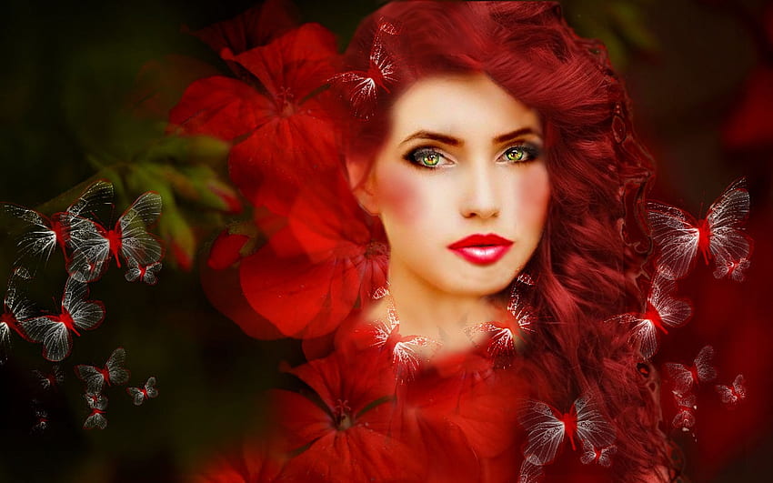Red Beauty, bright, red, butterflies, vibrant, vivid, bold, girl HD wallpaper