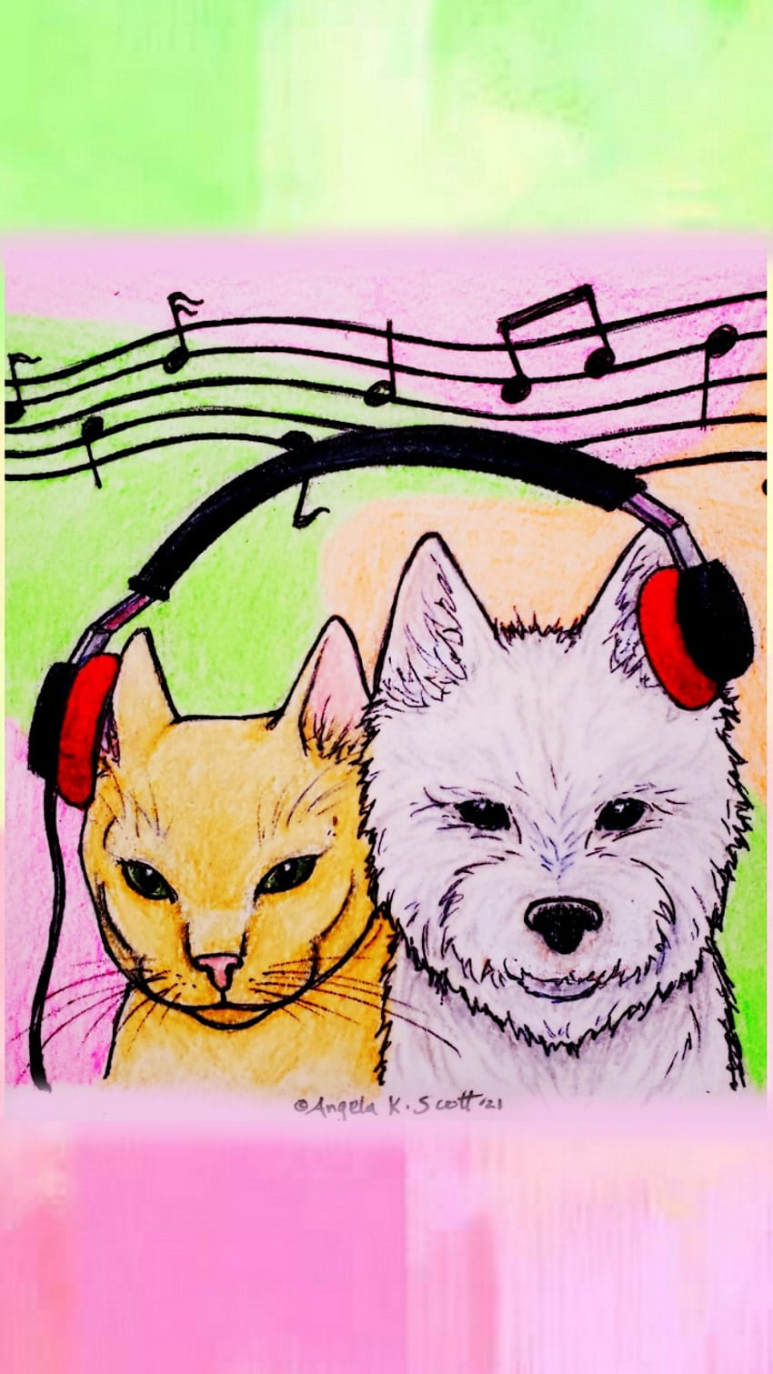 Music Cat and Dog art, pets, i love music, light, share the sound, headphones, music unites, musical notes, friends, funny, together HD phone wallpaper