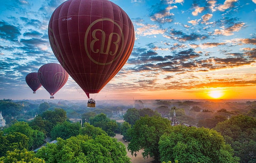 the sky, sunset, balloons, panorama, Myanmar, Burma HD wallpaper
