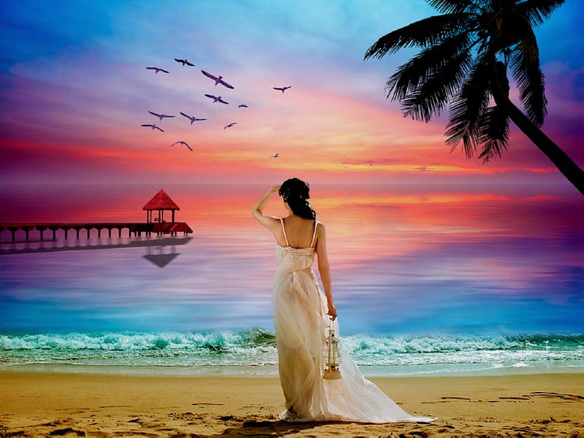 Where Is He?, ocean, woman, sunset, beach HD wallpaper