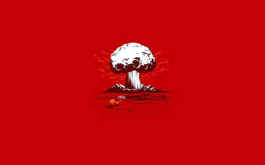 minimalistic, funny, typography, nuclear explosions, red background, Cartoon Explosion HD wallpaper